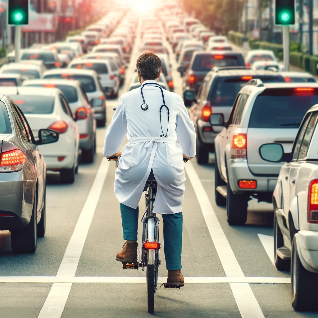 Physician on bicycle in traffic